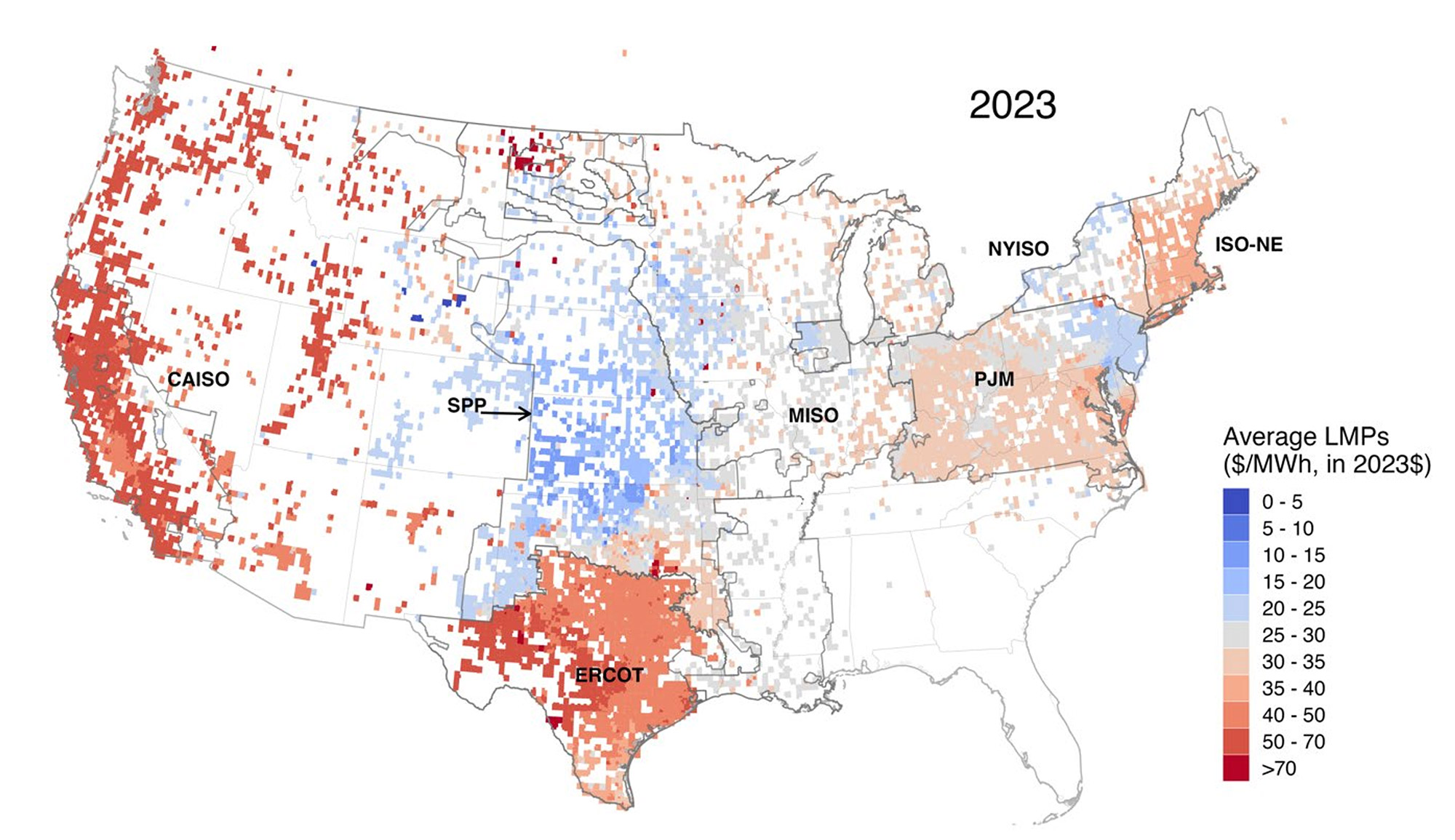 Figure 3: U.S. Map Dispaying 2023 Average Locational Marginal Prices