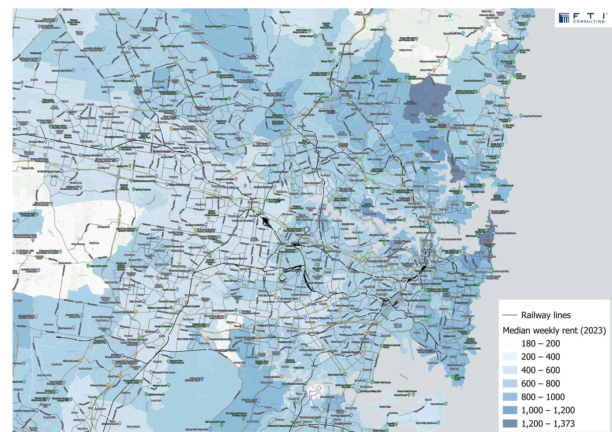 Sydney Railway Lines - Median Weekly Rent (2023)